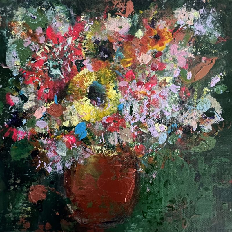 Small still life textured abstract flowers on a deep green background