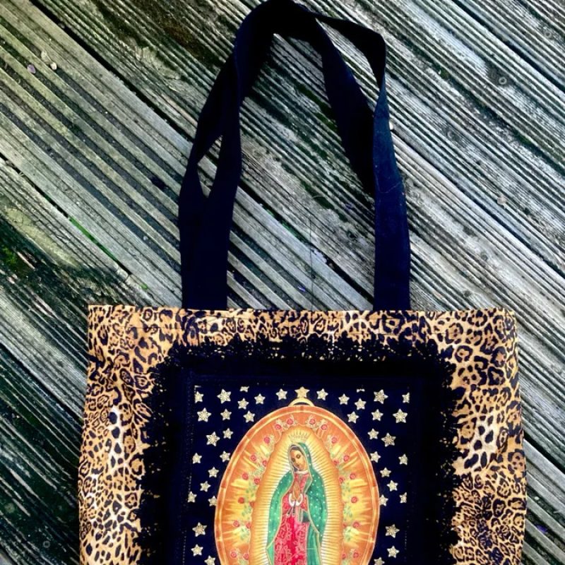 Virgin of Guadalupe leopard shoulder tote bag with vintage black lace trim