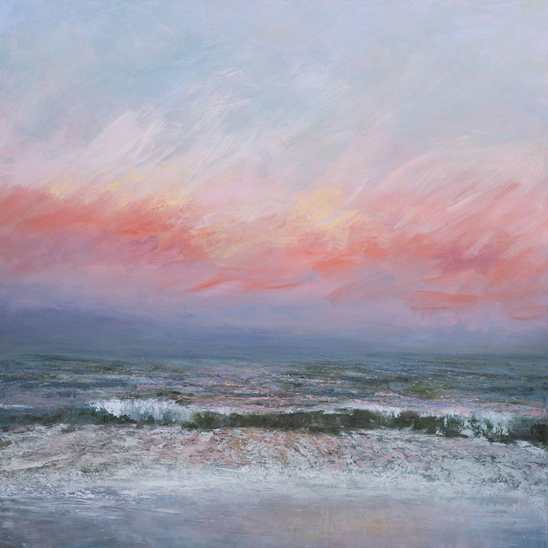 seascape with bright orange, yellow and pink wavy sky and waves with textured foam