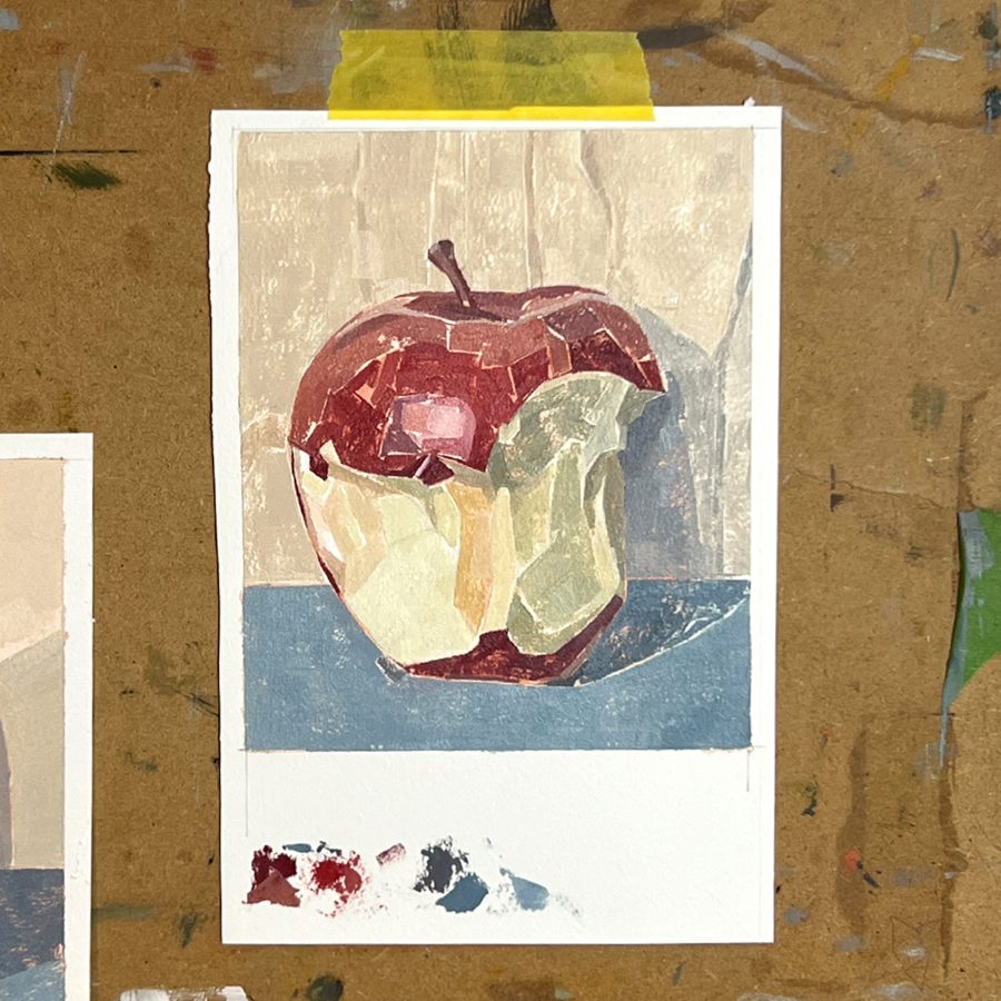 An oil painting of an apple that has had a few bites out of it.