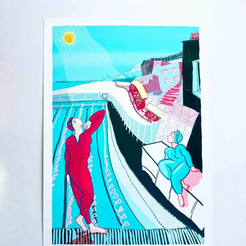 Modern Bathers. Two friends pause at Sea Lanes before their swim. The sun hits the water and the city shimmers behind them. You can spot the Volks Railway, Royal Crescent, Marine Parade, Madeira Terrace, and further out, the Palace Pier and the i360.  This print comes out of my love of swimming, architecture, the human figure, and love itself. “All shall be well.” — Julian of Norwich.  It became the cover for the Artists Open Houses Festival 2026.  I build the image from ink drawings, piece them together as a collage, then add colour digitally. The final work exists as a digital original, printed as a limited edition using archival inks on paper, from A0 to A4.  The title Modern Bathers Brighton holds a few threads:  Modern nods to Modernism—Cézanne, Picasso, and British painters like Craxton and Piper.  Bathers brings in Brighton’s sea-swimming history, especially Martha Gunn, and my own life in the water, training year-round with Out to Swim.  Brighton is a constructed view—a collage of places rather than a single viewpoint—drawn from time spent swimming and walking the seafront.