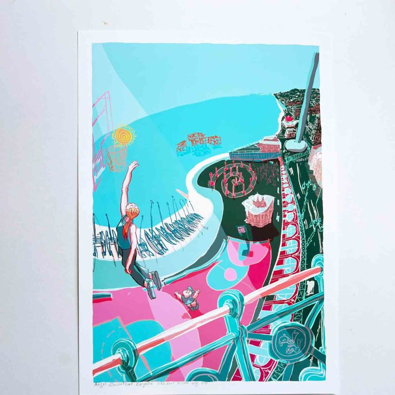 Angel Basketball, Brighton A mother and son play basketball by the sea. The ball becomes a sun.  I once heard that Jean Cocteau based his angels on sailors playing basketball—here mine is real, grounded, raising a child. This image was also selected for the Artists Open Houses Festival 2026. I build the image from ink drawings, piece them together as a collage, then add colour digitally. The final work exists as a digital original, printed as a limited edition using archival inks on paper, from A0 to A4. The setting is the Brighton seafront, close to where I live and worked as artist in residence with the West Pier Trust. The basketball court, the i360, the sailing club, the arches—everything is part of daily life here. Even the golden spiral and the dancers come from Thursday evenings on the seafront. Like all my work, it’s a mix of observation, memory, and invention—held together through drawing.