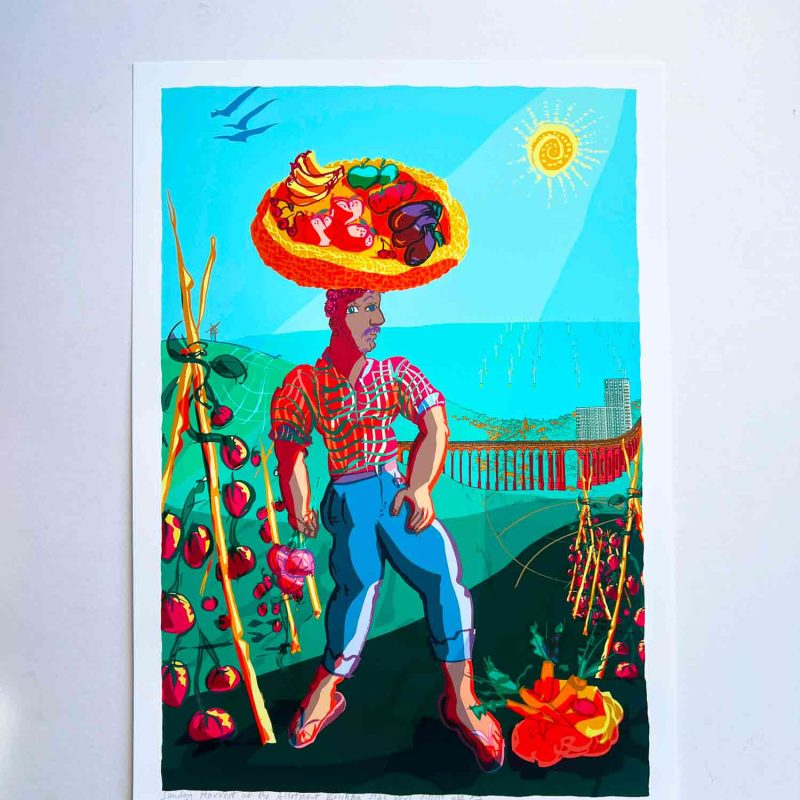 Sunday Harvest at the Allotment  A figure walks down the hill with a basket of vegetables balanced on his head. Behind him, the red-brick London Road Viaduct frames the view, opening through its arches to the city and the sea beyond, where the Rampion Wind Farm sits on the horizon.  The print is a small celebration of everyday life—growing food, moving through the city, and being outdoors under clear skies.  This third design for the Artists Open Houses Festival features my friend Dominic, who grows vegetables on his allotment and shares them generously. He also helps run Round Hill Green Spaces, working to make his neighbourhood greener.  The image is built from ink drawings, assembled into a collage and coloured digitally. It exists as a digital original and is released as a limited edition pigment print on archival paper, from A0 to A4.