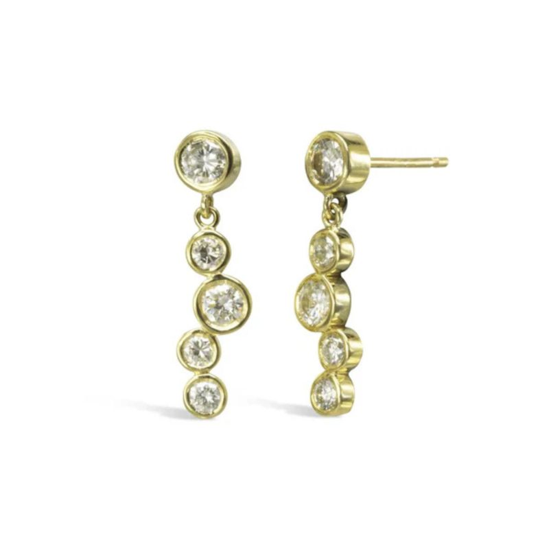 30mm Drop Earrings with round diamonds in gold settings in a staggered arrangement