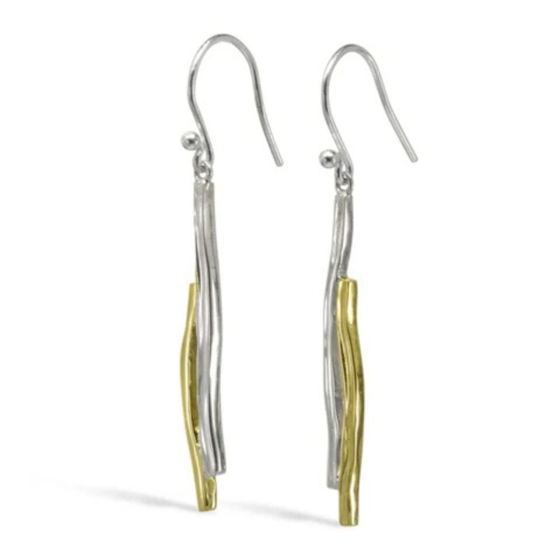 30mm long hammered gold and silver drop earrings with a hookwire fitting