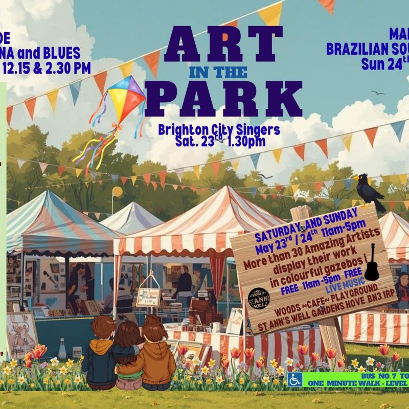 Poster advertising Art in The Park with a list of all participating artists' names  and times of live performances.