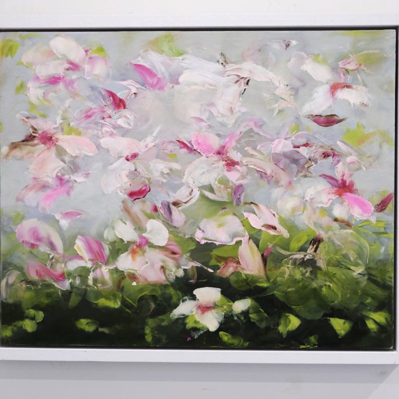 Semi-abstract paintnig with pink petals and green leaves