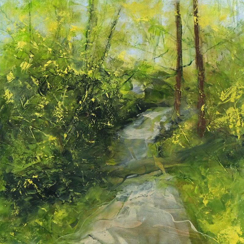 Bright green paintings of spring leaves with a shady path