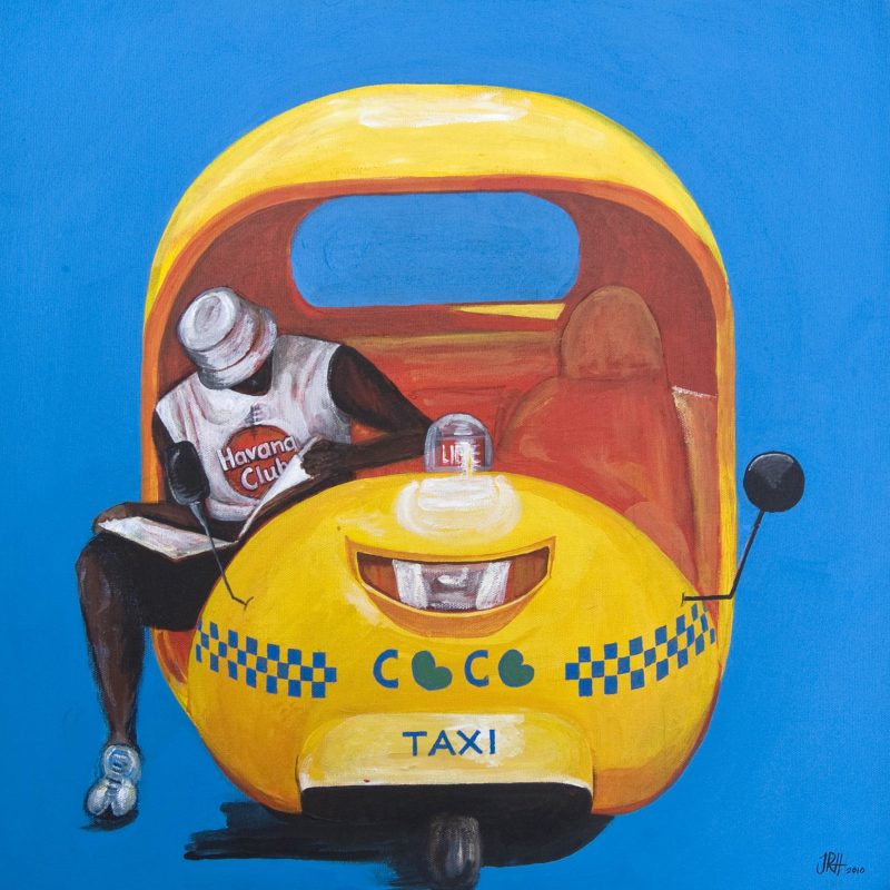 Man sitting in a Coco Taxi, Havana Cuba