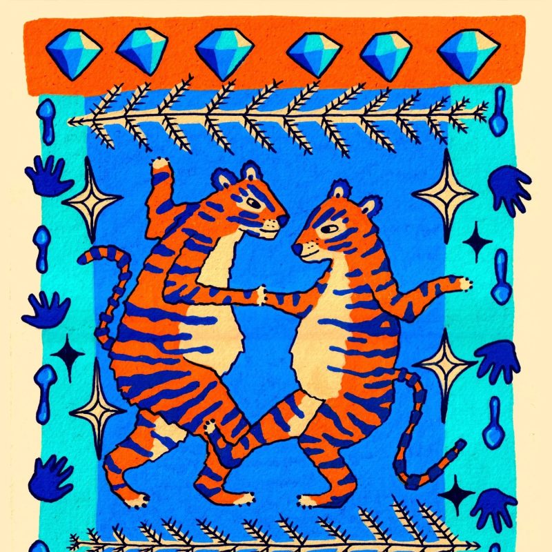 An illustration featuring two slightly humanised tigers dancing together. Drawn in vibrant shades of orange, turquoise, and blue, the piece evokes music, connection and warmth.