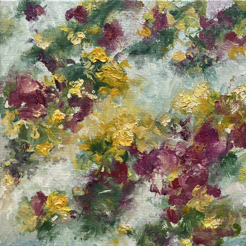 Impressionist Style Floral Oil Painting, featuring pink and yellow flowers