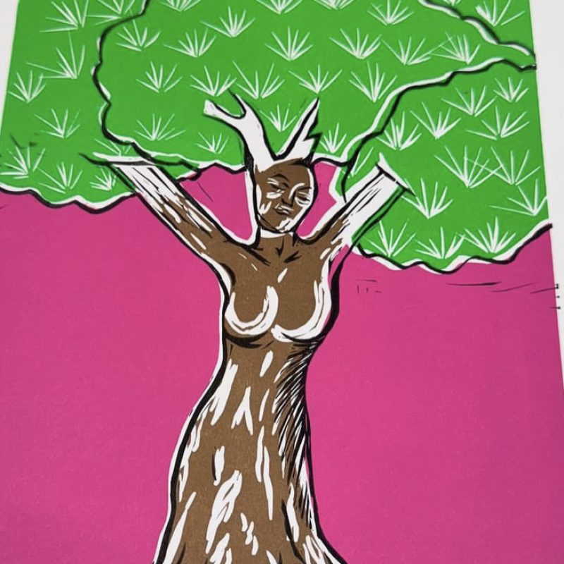 Tree as woman on pink background holding up the tree top