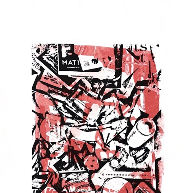 A screenprint with a busy, layered composition that evokes a sense of chaotic ephemera. A limited palette of red, black, and white creates a striking and graphic aesthetic.