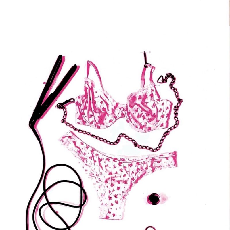 A screenprint featuring a flat lay arrangement of items which could belong to the female subject of the artwork. The piece is rendered in pink and black, set against a white background.