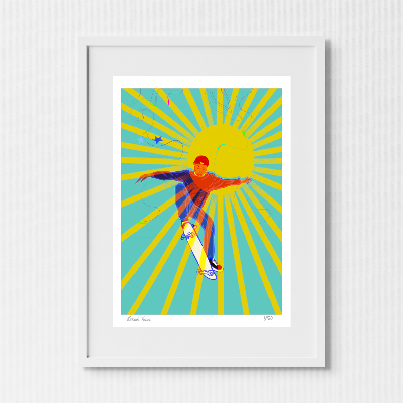 A digital illustration shows a person on a skateboard mid-air against a bright sunburst background. The artwork features bold colours and a playful, energetic style with abstract elements.