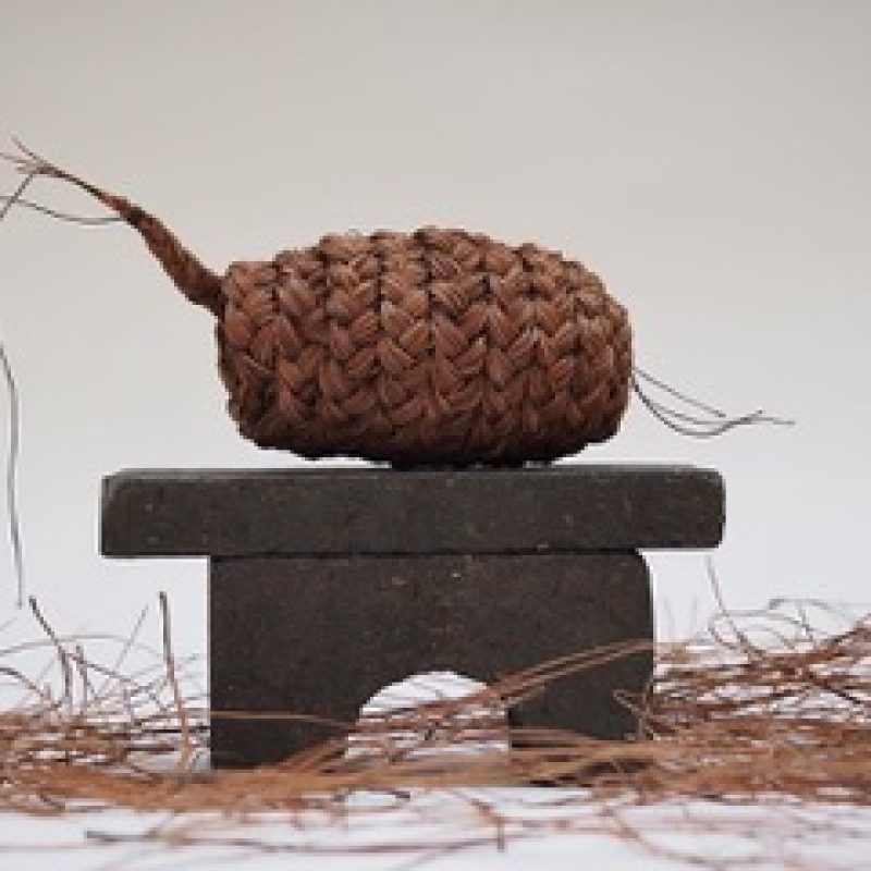 A small cocoon shaped sculpture, made from plaited soft pine needles about 8cm in length