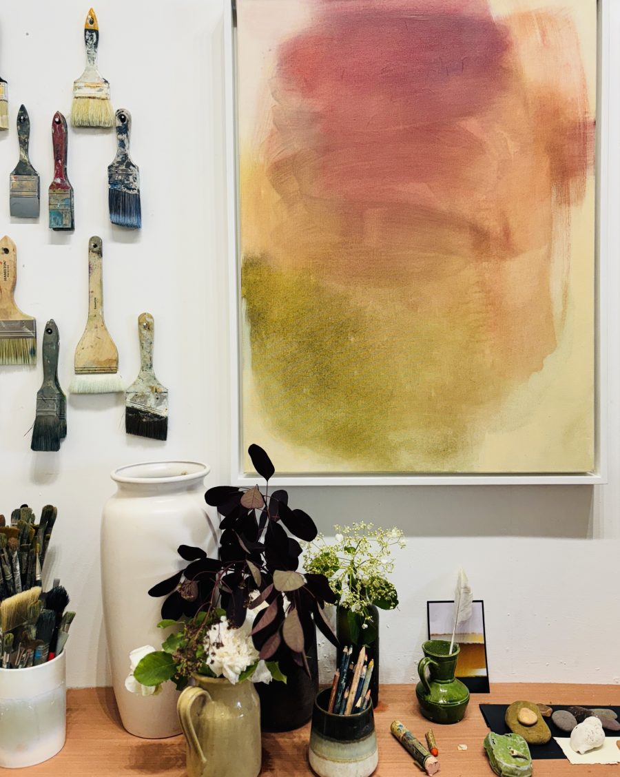 Featured painting Lara Bowen: ‘Different Shades (Blush and Moss)’  ink and oil on canvas 60 x 80 cm