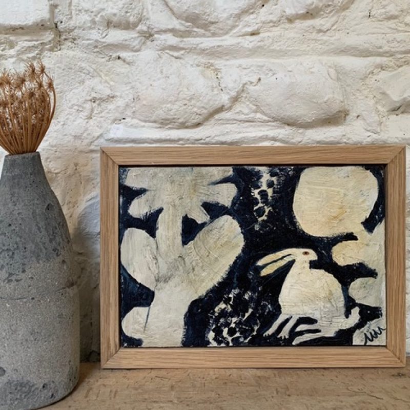 Acrylic and mixed media painting on board in oak frame of a Moonflower Hare