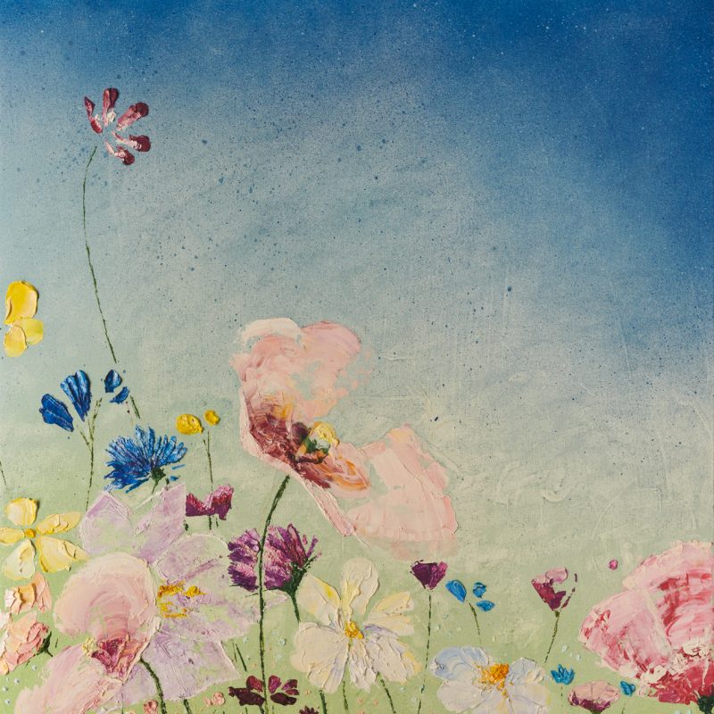 Bright coloured floral oil painting, with blue skies and wild flowers