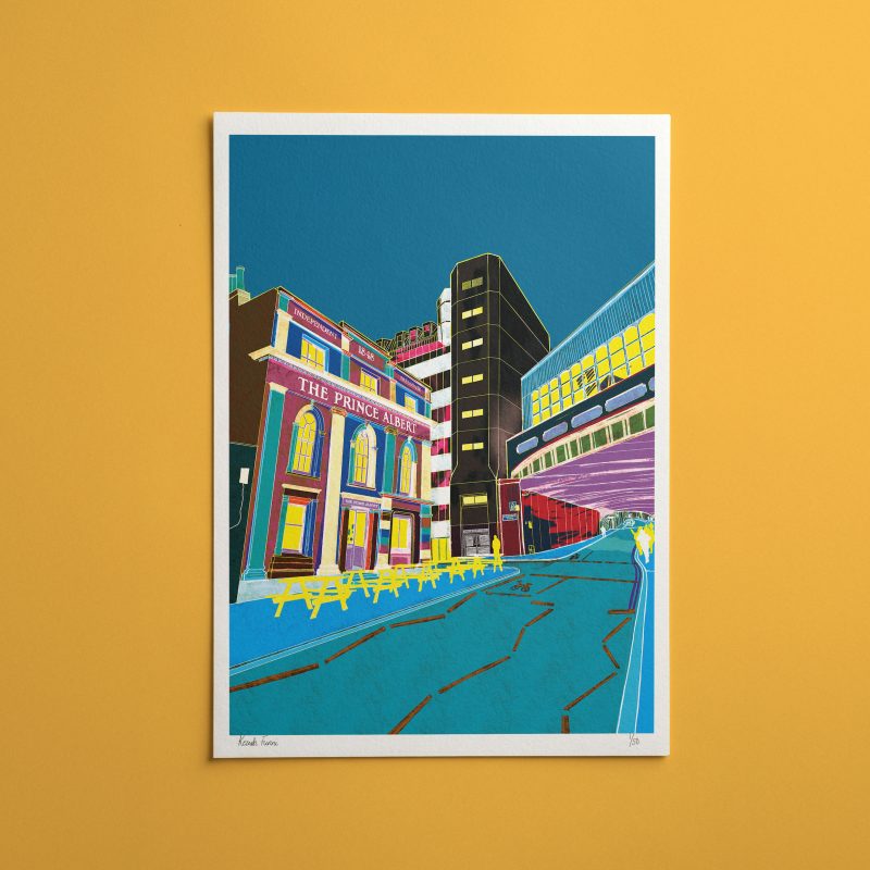 A brightly coloured, stylized illustration of a Brighton street scene featuring 