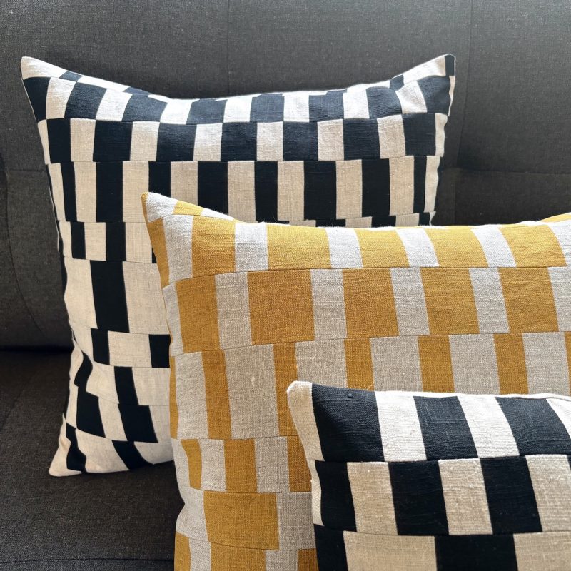 Vintage linen panelled cushion, black and natural