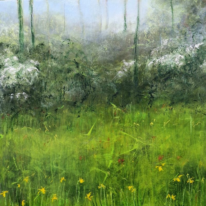 Impressionist paintnig of a spring meadow with daffodils