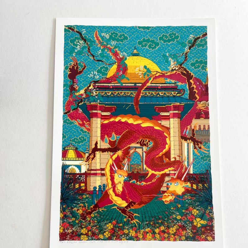 Twin Dragons Flying through the India Gate Two playful dragons twist through the India Gate at the Pavilion Garden. Layers of architecture, garden, sky, and dragon create a lively, flowing composition inspired by Hokusai and Chen Rong.