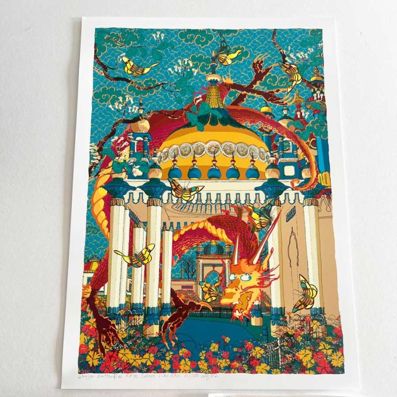 Butterfly Dragon Gliding through the Porte Cochere A mischievous bearded dragon sails through the Pavilion’s Porte-Cochere. Clouds, blossoming branches, birds, and geometric patterns echo Hokusai, while the dragons recall Chen Rong’s Nine Dragons. Built from layered ink drawings, each sheet contributes to the final print.