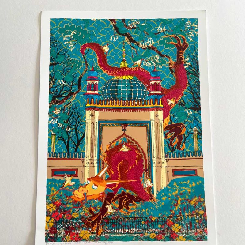 Songbird Dragon Traversing the North Gate A bearded dragon squeezes through the North Gate, dancing through clouds, trees, and garden paths. As with the others, the image comes together from separate ink drawings, echoing my homage to Hokusai and Chen Rong.