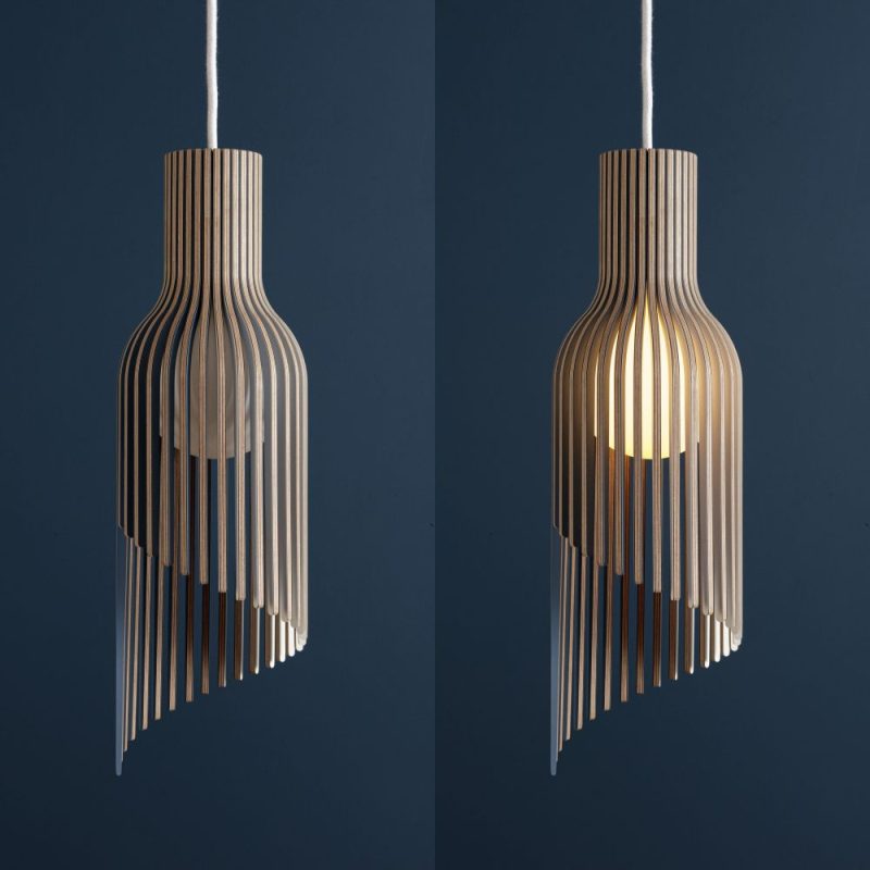 Peddant Light of Scnadic style, blue and yelow bladse envoling the bilb in a spiral.