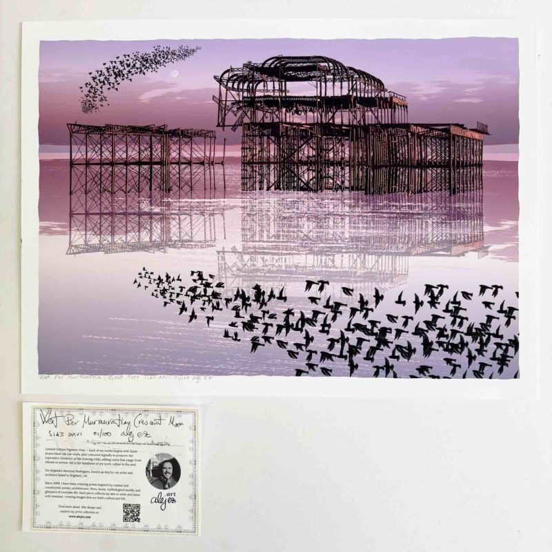 West Pier Murmuration Crescent Moon   The remains of Brighton’s West Pier at sunset, with a murmuration of starlings shifting across the sky beneath a crescent moon.  Brighton’s West Pier  Brighton’s West Pier stretches out over the water, first built in 1866 as a thin line between land and sea. Designed by Eugenius Birch, it relied on iron, tides, and a quiet elegance. Its screw-piles anchor it into the seabed, while the open lattice structure allows the sea to pass through.  Originally a place for promenading—footsteps, parasols, and slow seaside rituals—it gradually expanded. Bandstands, kiosks, and small structures appeared along its length, leading to a pavilion at the far end. Later, a concert hall brought music and crowds, turning it into a lively destination.  The design balances engineering and ornament, strength and lightness. It feels both practical and theatrical—a structure built to endure but also to delight.  The pier closed in 1975, and time took over. Storms, fire, and decay reduced it to its frame. What remains now is something closer to a drawing in space—an unfinished line that still holds the memory of movement, people, and its reach into the sea.  In 2019, I held an exhibition at the West Pier Centre, where I showed my work. This structure continues to appear throughout my prints.  New print series: The Belt of Venus  The Belt of Venus is a soft pink glow that appears just before sunrise or after sunset, hovering above the horizon opposite the sun. It’s caused by sunlight scattering through the atmosphere, often separated from the horizon by the darker band of Earth’s shadow. In winter, the colour can feel sharper and more vivid.  I’m often looking up—through windows at night, cycling along the seafront, or walking past Brunswick Square in Hove. These skies, along with childhood evenings spent studying constellations with a torch and a sky map, have led to a new series of prints.