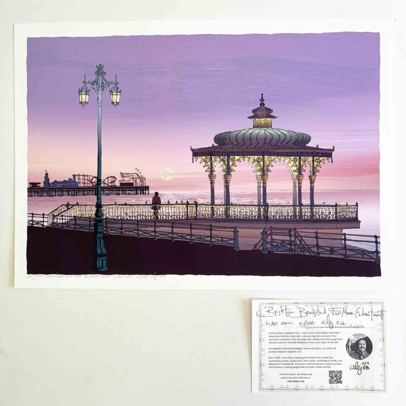 Bandstand Full Moon Enchantment  This print captures two much-loved landmarks along the Brighton and Hove promenade: the Palace Pier and the Bandstand. The Brighton Bandstand, built in 1884, is known for its ornate Victorian ironwork and elegant circular form. Often called the “Birdcage,” it sits on the seafront overlooking the beach and is a favourite spot for weddings, music, and quiet moments by the sea. Brighton Palace Pier, which opened in 1899, is the city’s best-known seaside attraction. Stretching out over the water, it is filled with fairground rides, arcades, and food stalls, and remains a lively symbol of Brighton’s culture, fun, and coastal heritage.    New print series: The Belt of Venus The Belt of Venus is a soft pink glow that appears just before sunrise or after sunset, hovering above the horizon opposite the sun. It’s caused by sunlight scattering through the atmosphere, often separated from the horizon by the darker band of Earth’s shadow. In winter, the colour can feel sharper and more vivid.  I’m often looking up—through windows at night, cycling along the seafront, or walking past Brunswick Square in Hove. These skies, along with childhood evenings spent studying constellations with a torch and a sky map, have led to a new series of prints.