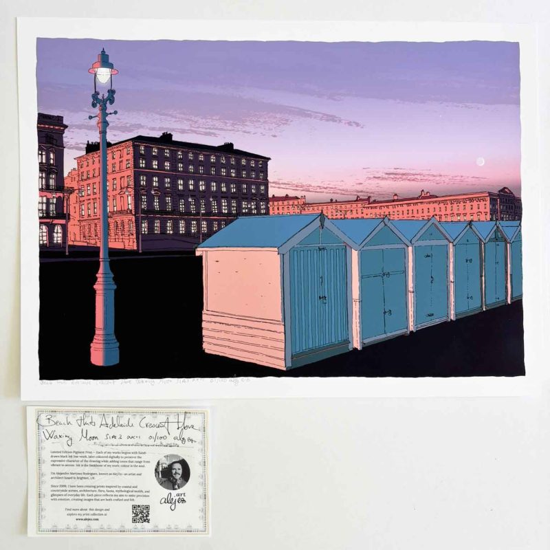 Adelaide Hove Waxing Crescent Moon  A row of beach huts lines the promenade, like delicate shells resting in the sun, their padlocks catching the light like half-closed eyes. Behind them, Adelaide Crescent sweeps across the scene, its peach and cream façades softly lit. A lone lamppost stands in the foreground, quietly holding its place. The ground feels warm, the sea just out of sight, and the air carries the stillness of a moment not quite finished.  Historic Brighton and Hove This print captures the familiar rhythm of Brighton and Hove’s beach huts, set against Adelaide Crescent—one of the grandest open crescents in the area. Building began in 1830 to the designs of Decimus Burton and was completed around 1860. Alongside the developments at Kemp Town and Brunswick Town, it remains one of the defining pre-Victorian residential schemes in Brighton and Hove.  New print series: The Belt of Venus The Belt of Venus is a soft pink glow that appears just before sunrise or after sunset, hovering above the horizon opposite the sun. It’s caused by sunlight scattering through the atmosphere, often separated from the horizon by the darker band of Earth’s shadow. In winter, the colour can feel sharper and more vivid.  I’m often looking up—through windows at night, cycling along the seafront, or walking past Brunswick Square in Hove. These skies, along with childhood evenings spent studying constellations with a torch and a sky map, have led to a new series of prints.