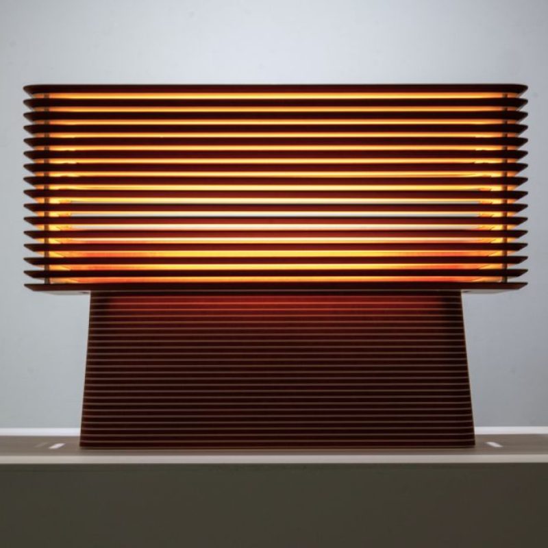 Art-deco style rectangular table lamp with louvre shade.  Dark orange core with off-while eco-laminate facings