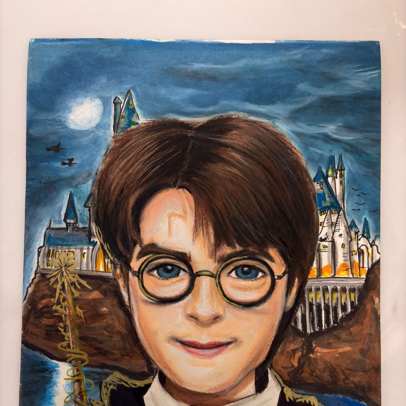 A hand-painted portrait of a young wizard boy inspired by Harry Potter, featuring round glasses, blue eyes, and a wand in hand. The background shows a magical castle under a night sky with a glowing moon, creating a fantasy atmosphere.