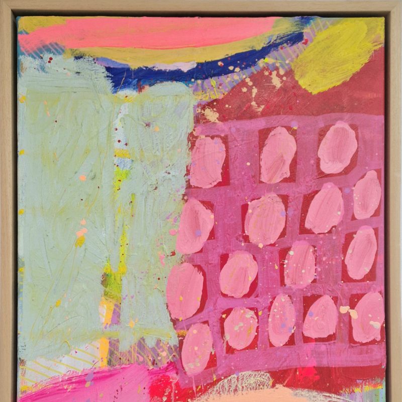 An abstract painting with vibrant pinks and greens and repeating patterns