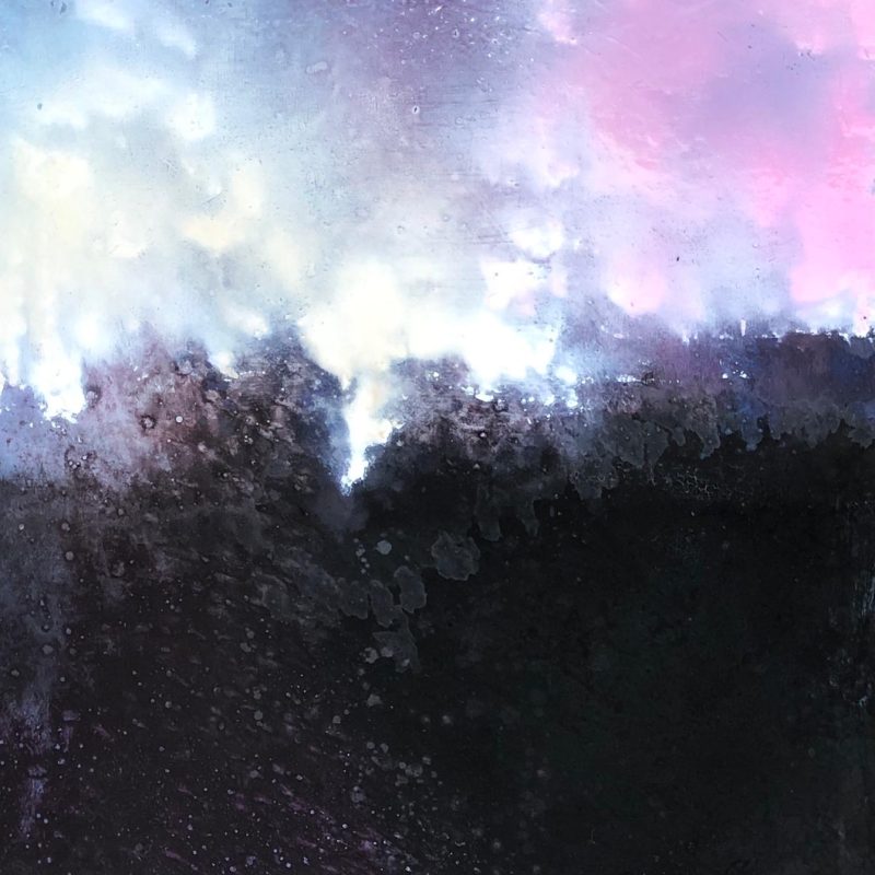 A glimpse emerges, the hazey dawn horizon, anticipating warmth within the day ahead. The foreground submerged in deep velvet blacks and violet tones. An absorbing abstract landscape.