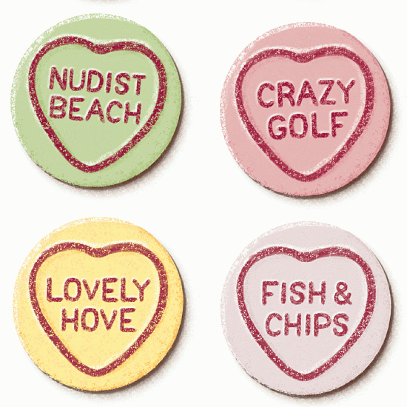 Detail of fun Brighton themed Graphic Art phrases for traditional love heart sweets