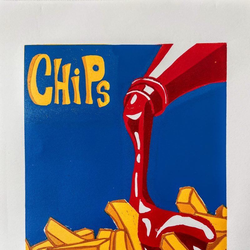 a brightly coloured lino print of yellow/ochre chips with red ketchup oozing over them from a bottle, in front of a bright blue background
