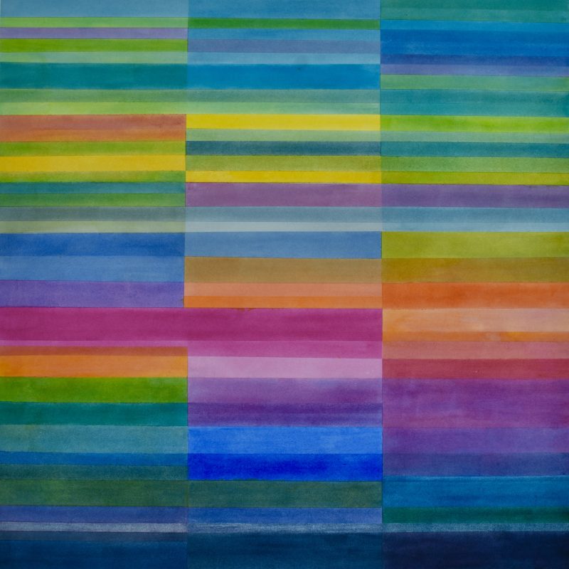 This square abstract painting is made of three columns of horizontal stripes in different widths and varying shades of blue, green, yellow, orange and pink. The stripes go through one, two or all the columns across the painting and the colours darken towards the bottom of the painting.