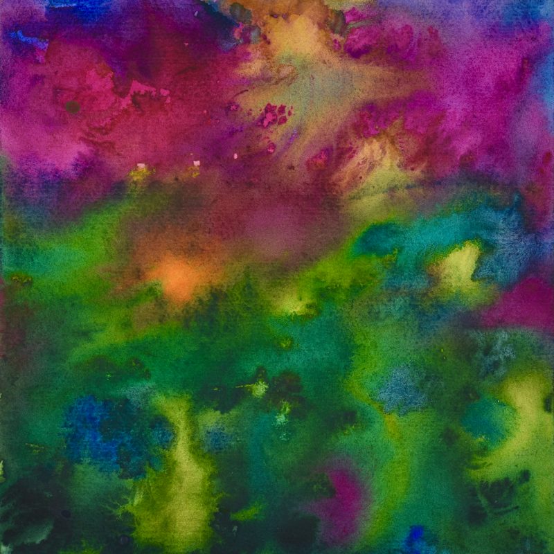 This square abstract painting has wet on wet bleeding patches of bright magenta paint in the top half along with a little orange and yellow and purple around them, contrasting with shades of green that get darker towards the bottom.