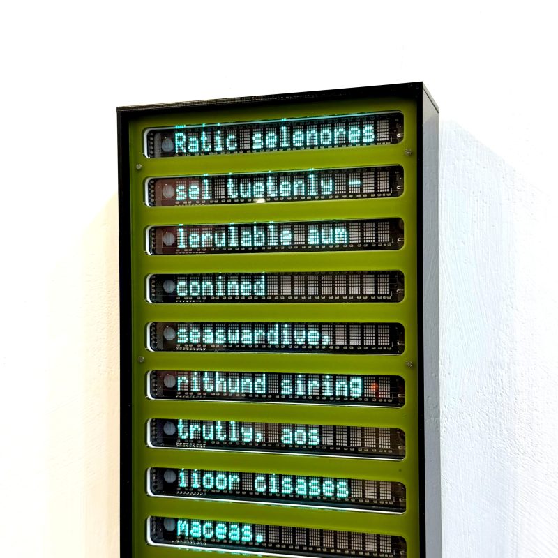 An experiment in language. If a machine follows only basic rules for building words and sentences, without knowing their meaning, then repeated generation will create text that looks like language, showing that structure alone can make things feel readable.