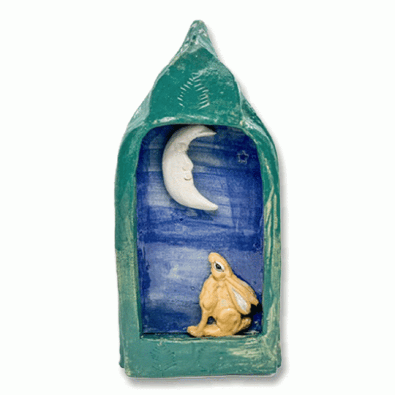 Handbuilt Ceramic Hare gazing at the Moon
