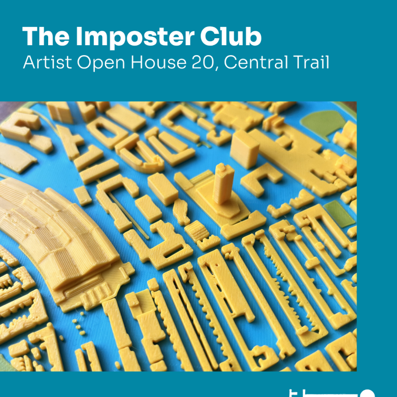 Poster reading “The Imposter Club – Artist Open House 20, Central Trail - Harry Winter + co”. Close-up of yellow 3D-printed components arranged across a blue surface showing Brighton buildings