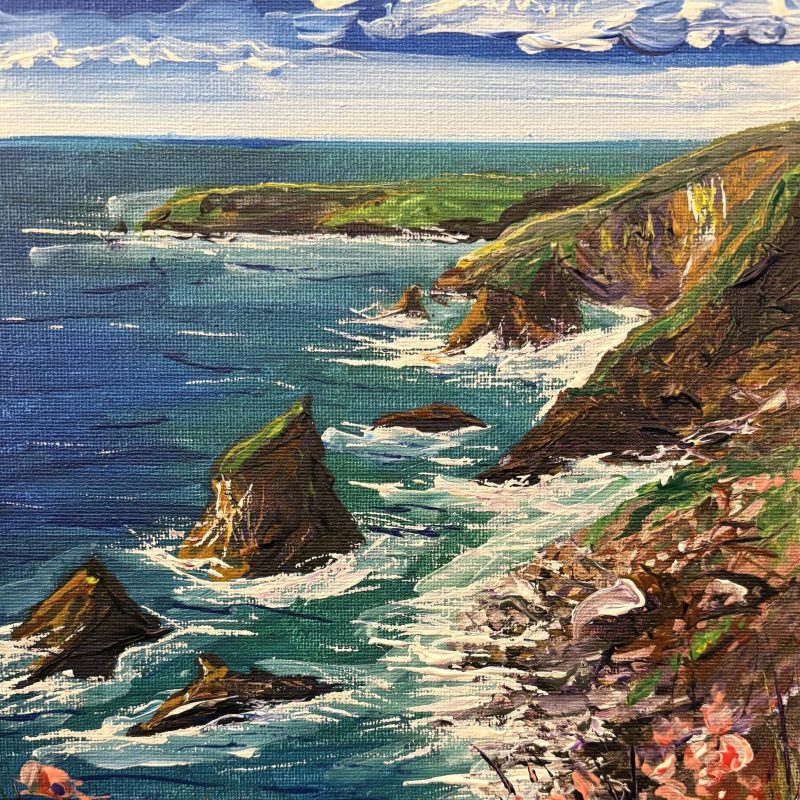 A sea scene, with flowers in the foreground