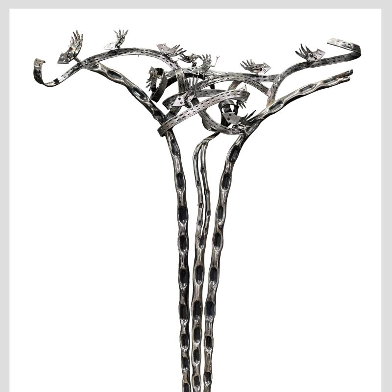 A 2.2m high forged steel tree with birds mounted on springs that gently sway when knocked