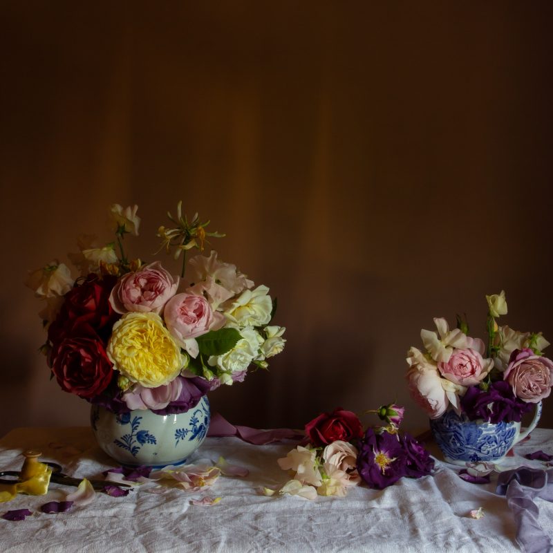 A still life image of roses in two vintage vases