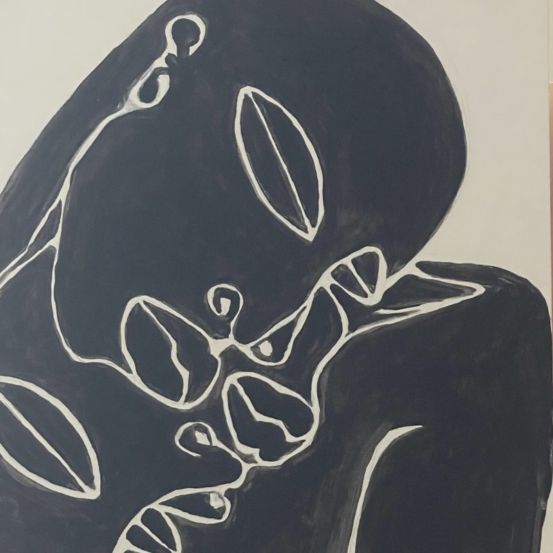 Black and white graphic image of two heads leaning against each other