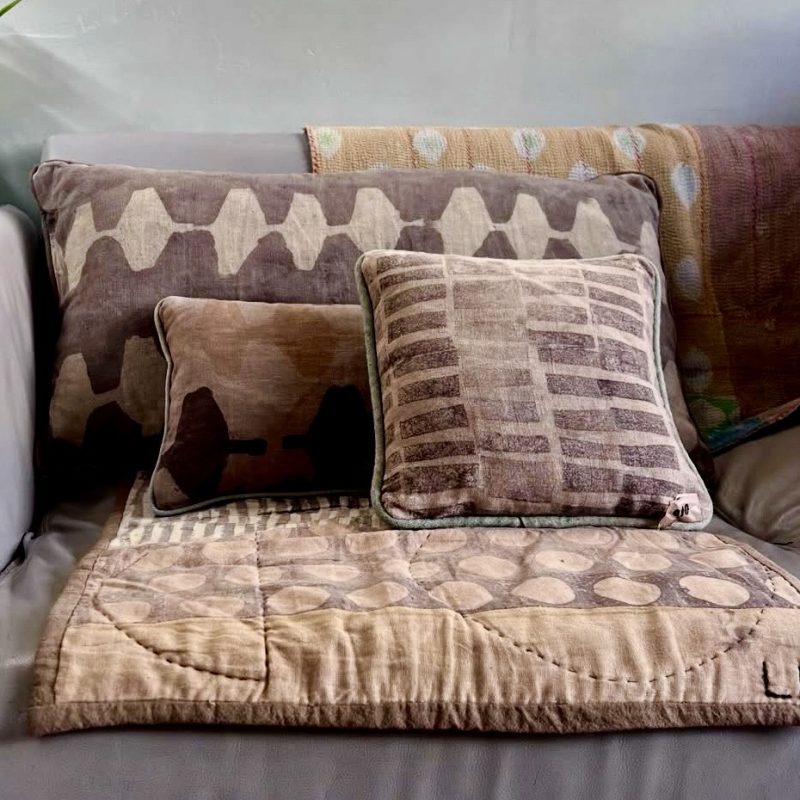 Hand dyed and printed fabrics using soft muted naturally dyed tones