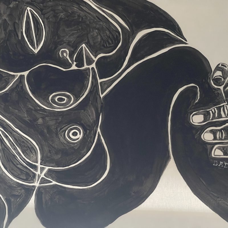 Black fugurative painting  of a naked pregnant woman
